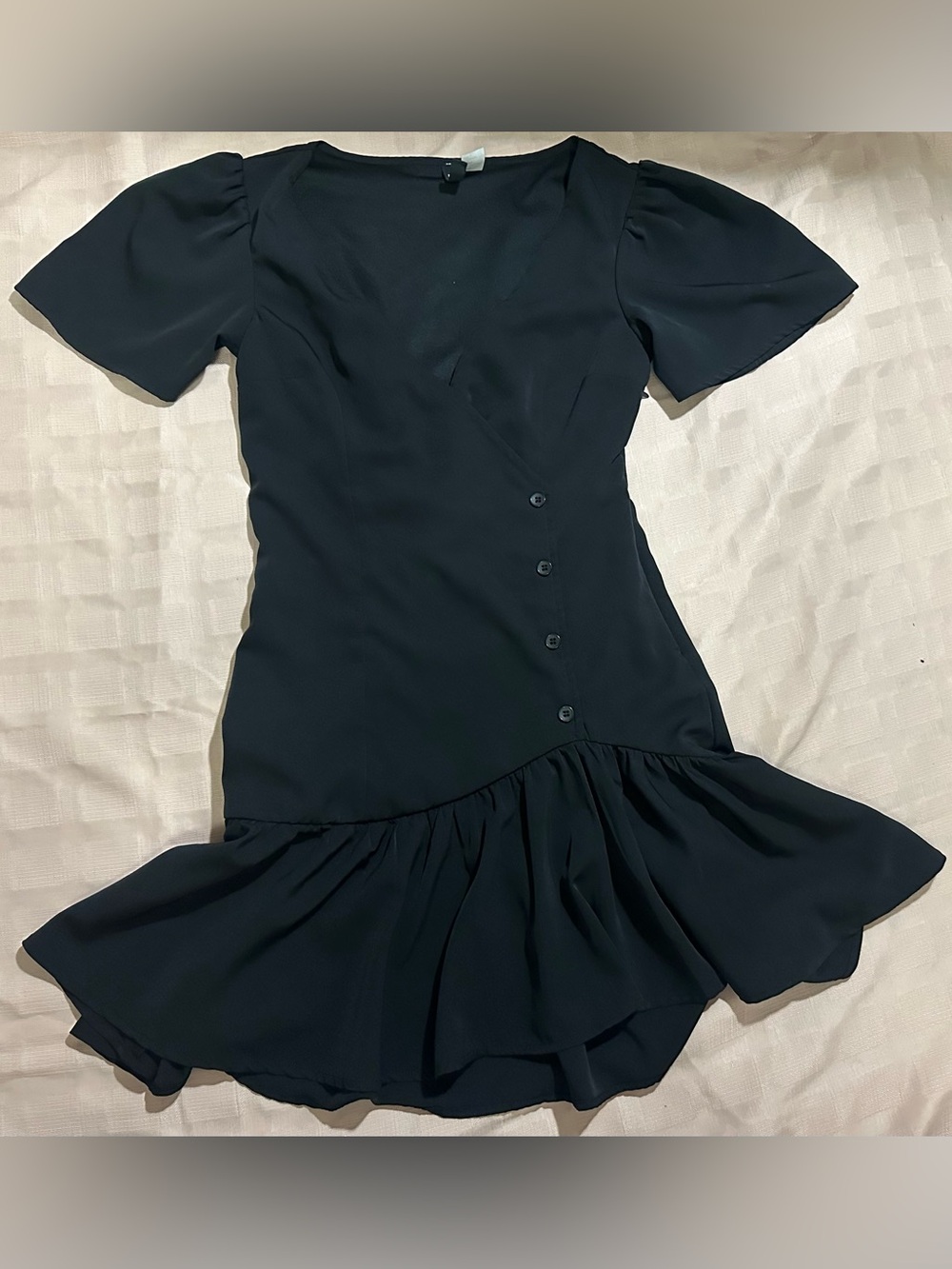 H&M Black Ruffle-Hem Short Sleeve Mini Dress